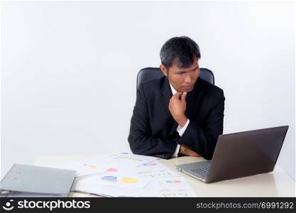 Young businessman working with document desk on white background.