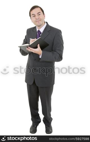 young businessman writing in a book in white background