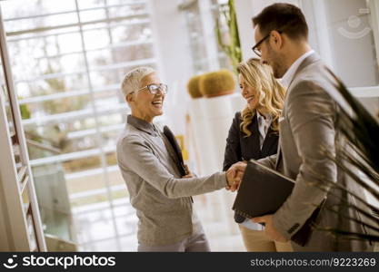 Young businessmen discusing with senior and young businesswomen in office