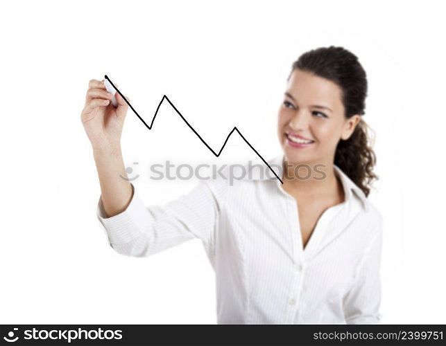 Young businesswoman drawing a chart isolated on white background