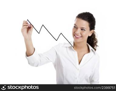 Young businesswoman drawing a chart isolated on white background