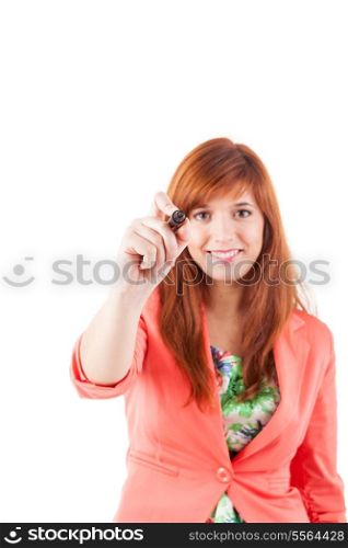 Young businesswoman drawing graph / chart on white background.