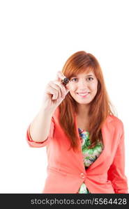 Young businesswoman drawing graph / chart on white background.