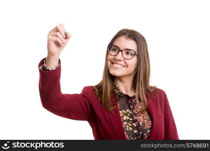 Young businesswoman drawing graph / chart on white background.