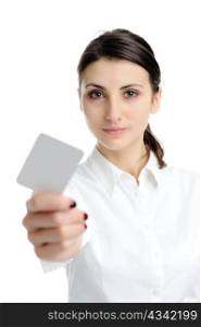 Young businesswoman holding blank businesscard in hand