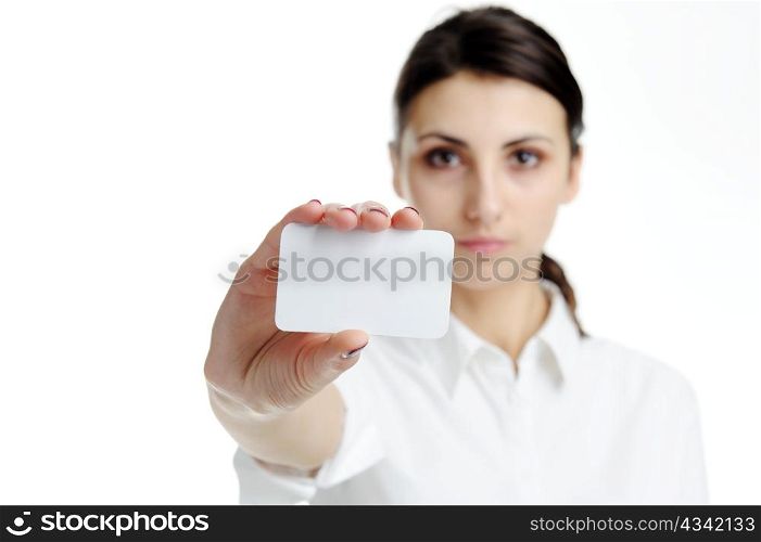 Young businesswoman holding blank businesscard in hand. Focus on card