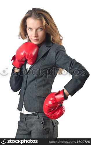 Young businesswoman in boxing concept