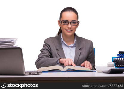 Young businesswoman in office isolated on white