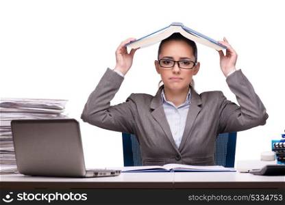 Young businesswoman in office isolated on white
