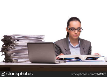 Young businesswoman in office isolated on white