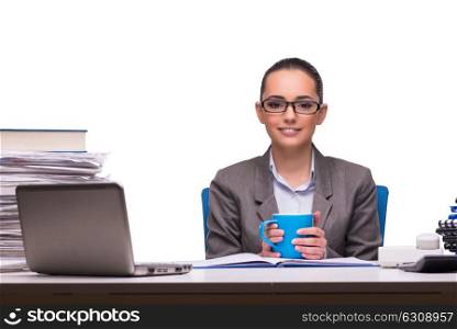 Young businesswoman in office isolated on white