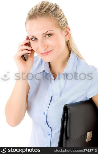 Young businesswoman on the phone on white background