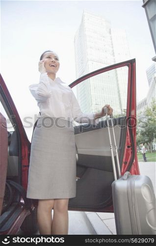 Young Businesswoman outside of her car talking on the phone