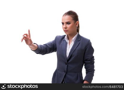 Young businesswoman pressing virtual button on white