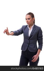 Young businesswoman pressing virtual button on white