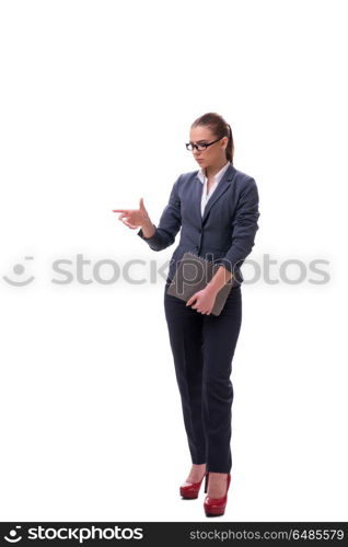 Young businesswoman pressing virtual button on white