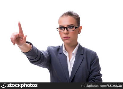 Young businesswoman pressing virtual button on white