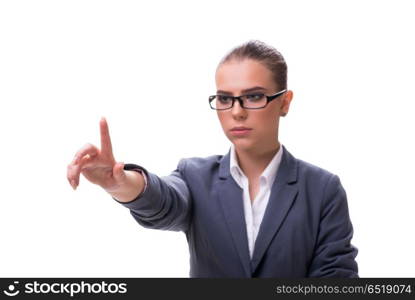 Young businesswoman pressing virtual button on white