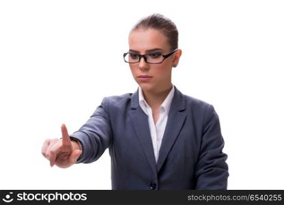 Young businesswoman pressing virtual button on white