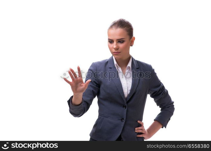 Young businesswoman pressing virtual button on white