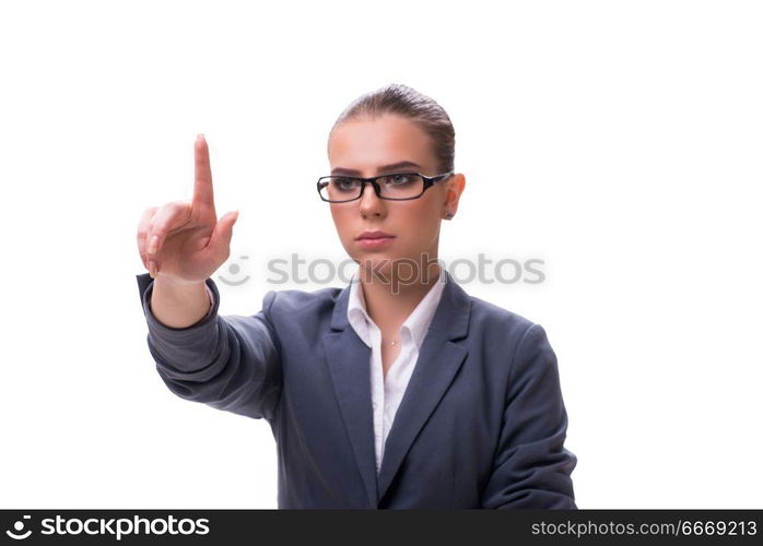 Young businesswoman pressing virtual button on white