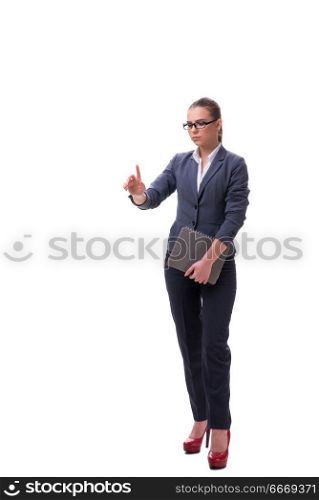 Young businesswoman pressing virtual button on white
