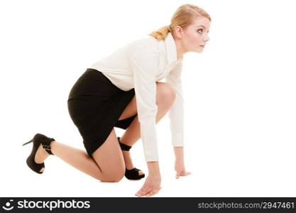 Young businesswoman ready to run isolated on white. Woman girl student graduate starting to her career. Competition in work.