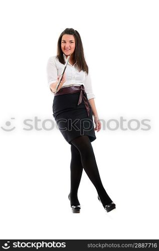Young businesswoman return docs. Isolated over white.