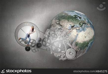 Young businesswoman running in wheel of gears mechanism. Elements of this image are furnished by NASA. To turn as squirrel in wheel