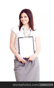 young businesswoman showing contract. Isolated over white.