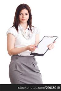 young businesswoman showing contract. Isolated over white.