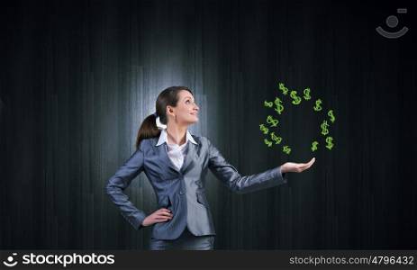 Young businesswoman showing money tree in her hand. Money tree