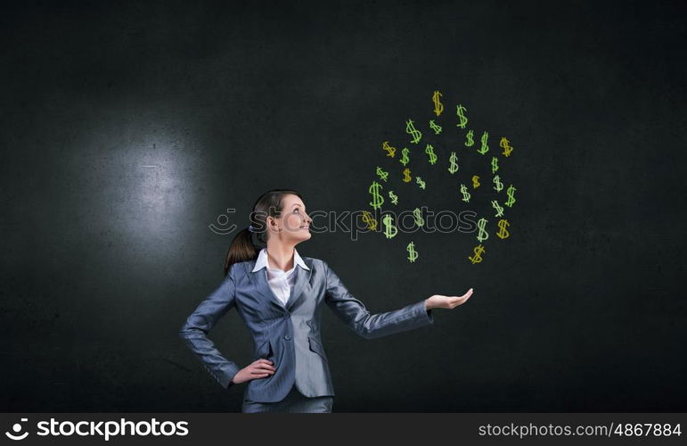 Young businesswoman showing money tree in her hand. Money tree