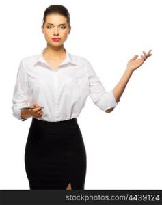 Young businesswoman shows welcome gesture isolated