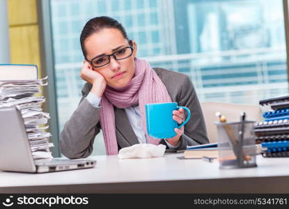 Young businesswoman sick in the office