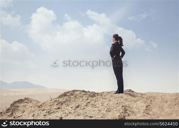 Young businesswoman standing with hands on hips looking out over the desert