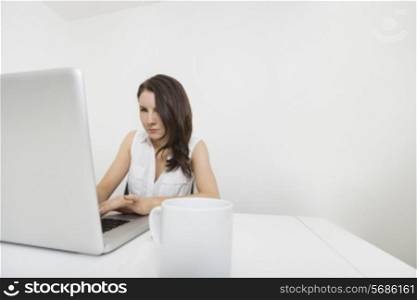 Young businesswoman using laptop at desk in office