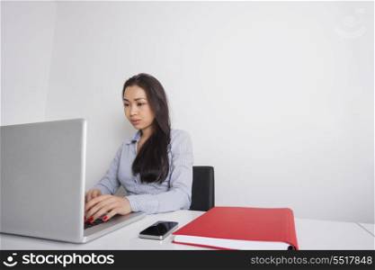 Young businesswoman using laptop at office desk