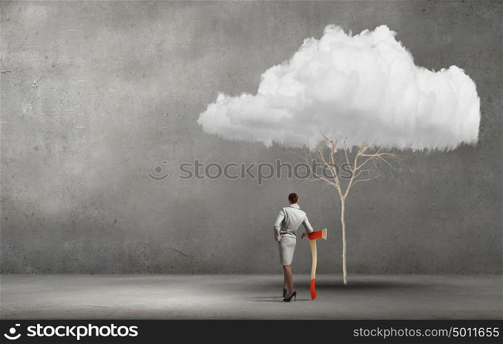 Young businesswoman with axe and cloud tree. Deforestation problem