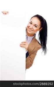 Young businesswoman with blank board. Isolated over white.
