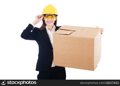 Young businesswoman with box isolated on white