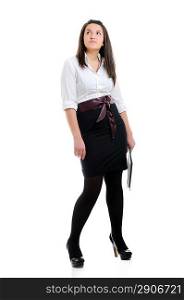 Young businesswoman with docs. Isolated over white.