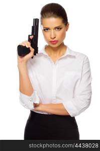 Young businesswoman with gun isolated