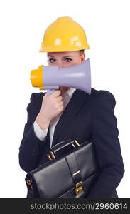 Young businesswoman with hard hat on white