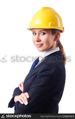 Young businesswoman with hard hat on white