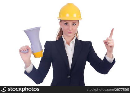 Young businesswoman with hard hat on white