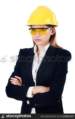 Young businesswoman with hard hat on white