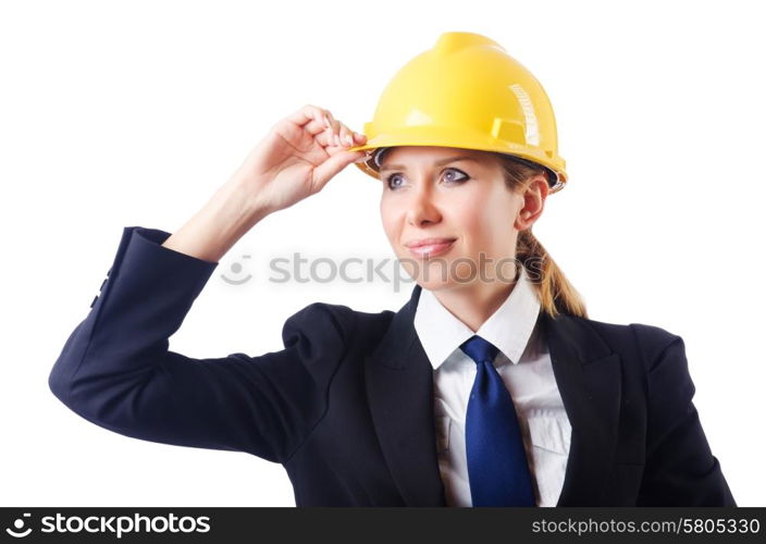 Young businesswoman with hard hat on white