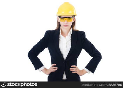 Young businesswoman with hard hat on white