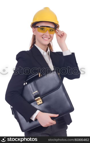 Young businesswoman with hard hat on white